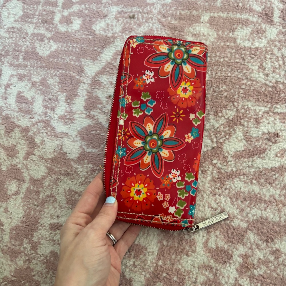 Hadaki Red Floral Coated Canvas Zip Around Long Wallet Organizer Teal Interior - Picture 4 of 4